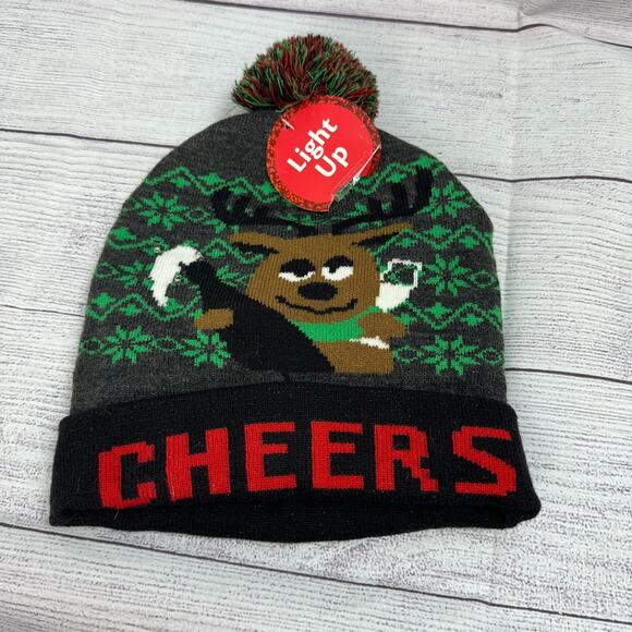 Men's Light Up Cheers Reindeer Pom Pom Beanie - Picture 1 of 4